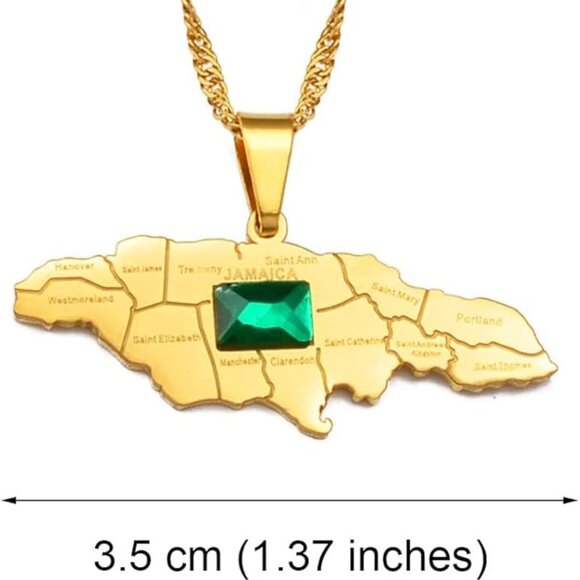 Jamaica Map Pendant Necklace Gold Tone with Green Stone - Picture 3 of 7